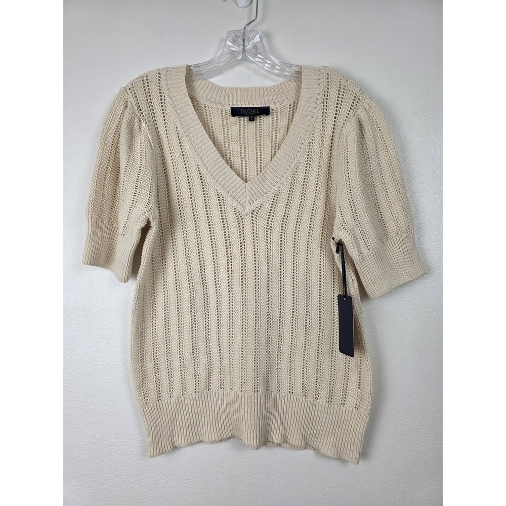 Club Monaco Cream V-Neck Short Sleeve Knit Sweater